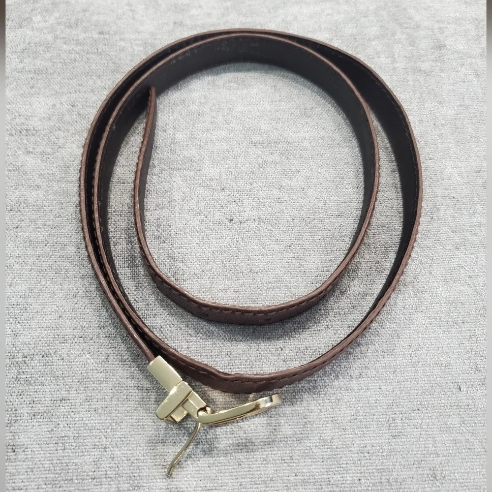 CALVIN KLEIN FANCY BROWN LEATHER THIN PANTS BELT GOLD‎ METAL SQUARE BUCKLE SZ L.